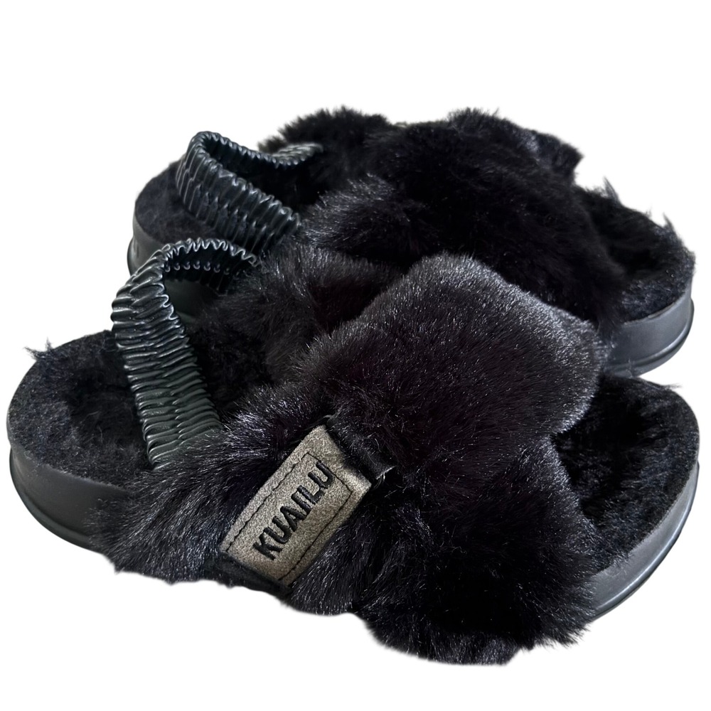 EUC KuaiLu Faux Fur Criss Cross Platform Sandals Sz 7 Black Comfort Orthotic